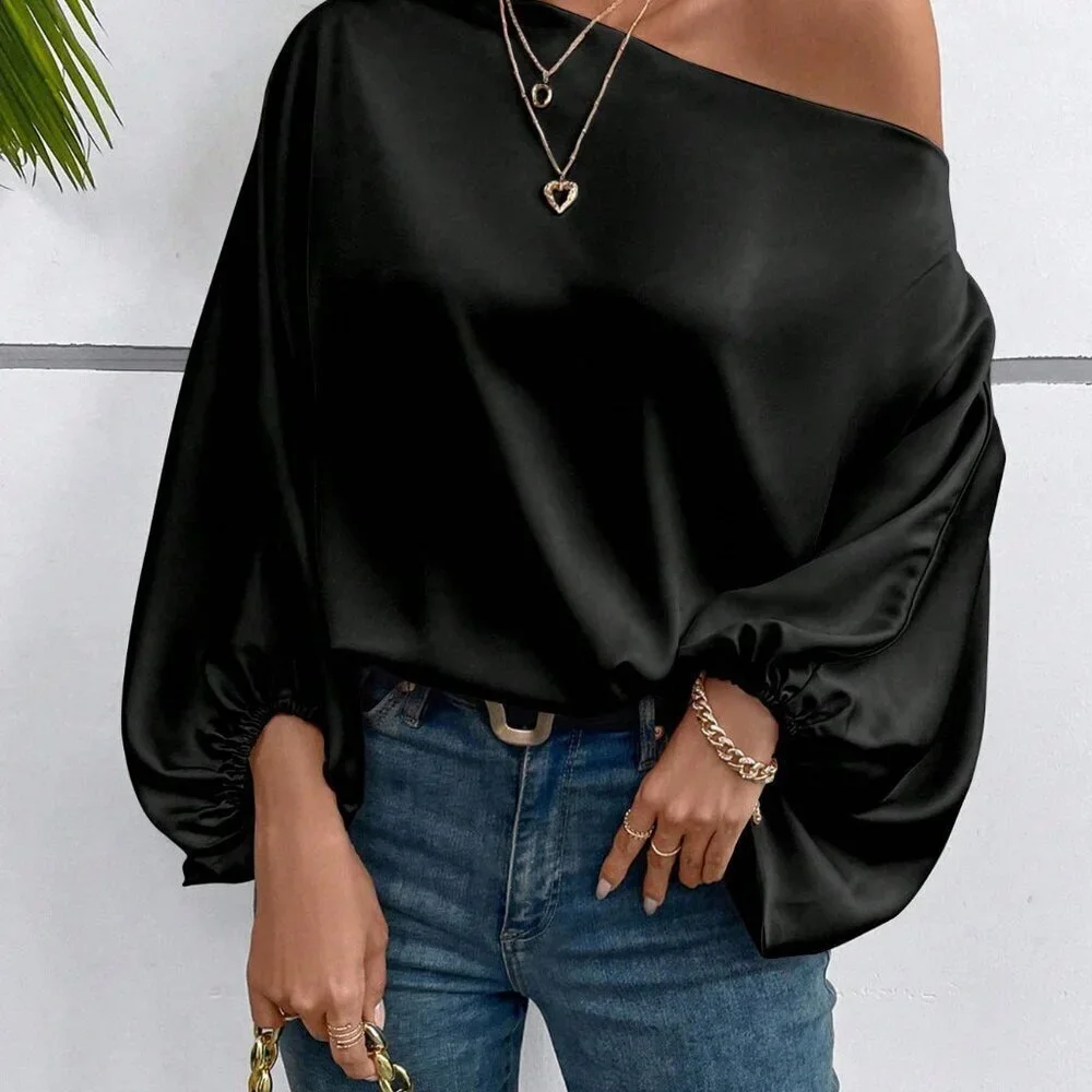 Black Casual Women's Asymmetric Collar Batwing Sleeve Loose Blouse